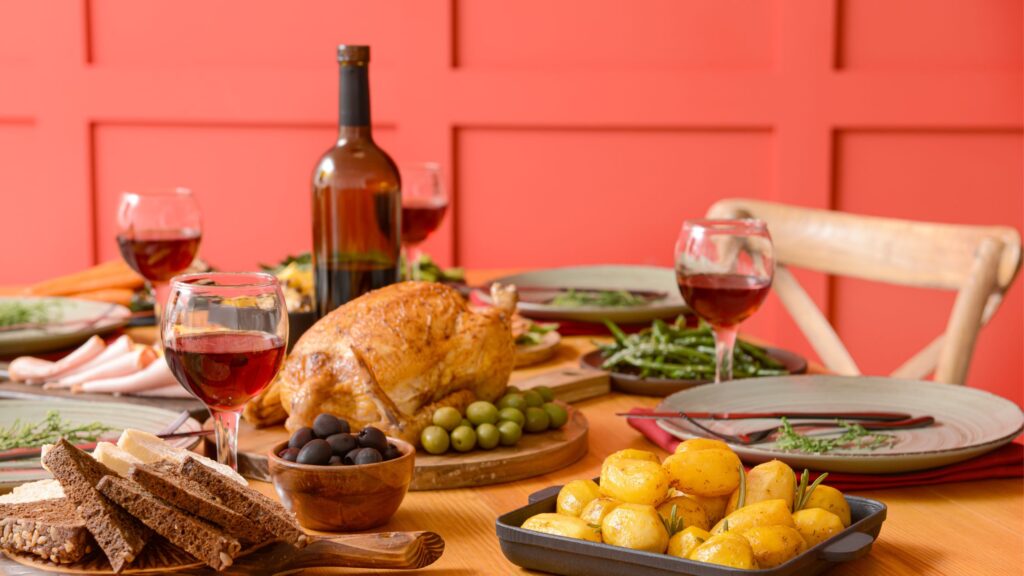 Family-style dinner table with healthy, comforting dishes