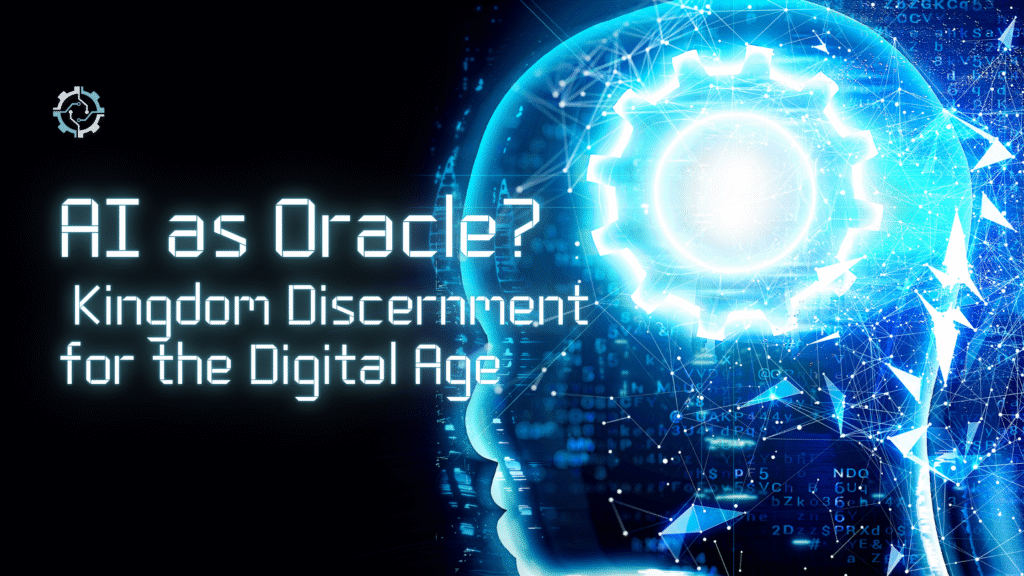 Digital illustration of a human head with glowing gear and network connections, symbolizing AI as oracle and the need for Kingdom discernment in the digital age.