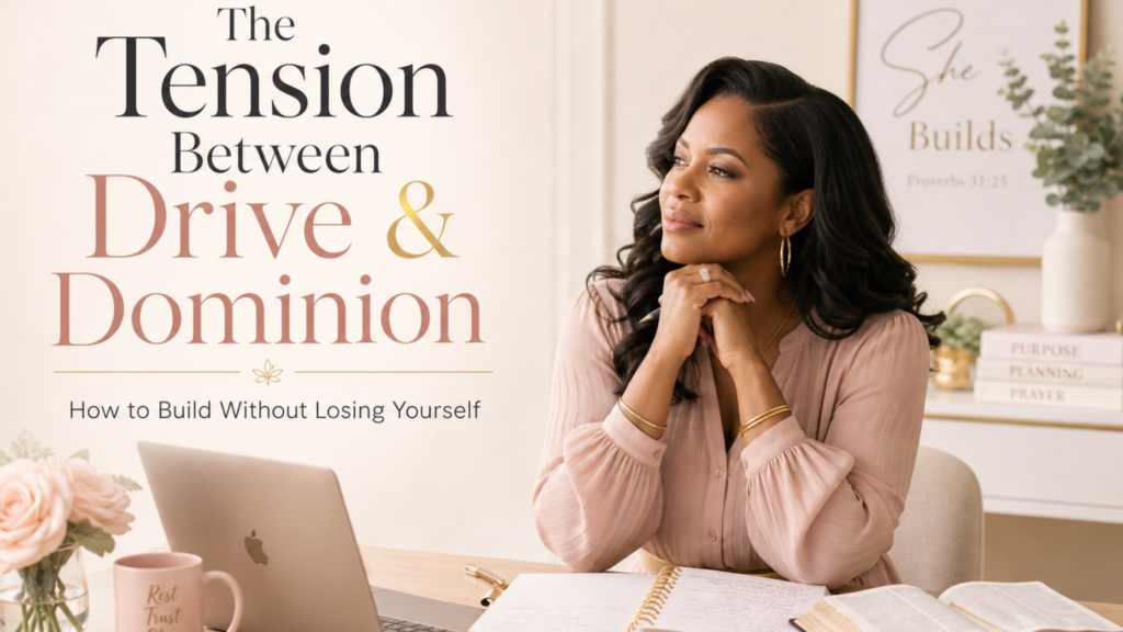 A faith-based productivity blog graphic featuring a woman seated at a soft, elegant workspace with a laptop, planner, Bible, coffee mug, flowers, and candle. The image includes the title “The Tension Between Drive & Dominion” with the subtitle “How to Build Without Losing Yourself,” reflecting the balance between diligent work, restful trust, and God-centered leadership.